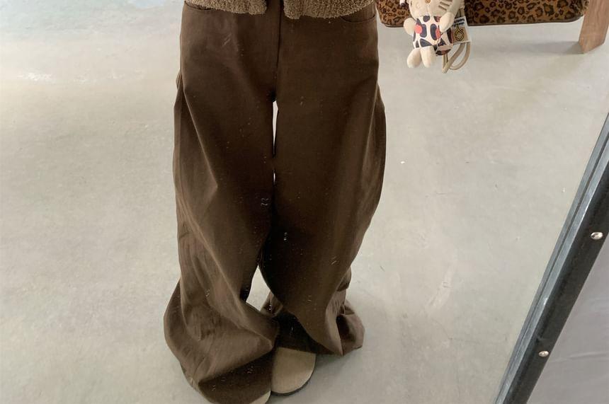 Hooded Plain Cardigan / High Waist Wide Leg Pants Product Image