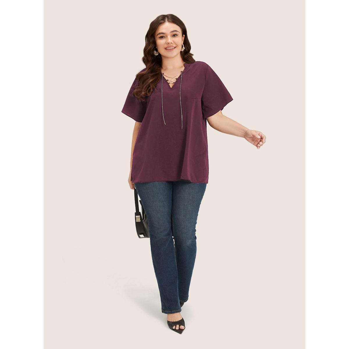 Plus Size Burgundy Solid Crisscross Notched Metal Decor Blouse Women Office Short sleeve Notched collar Work Blouses BloomChic 22-24/3X Product Image