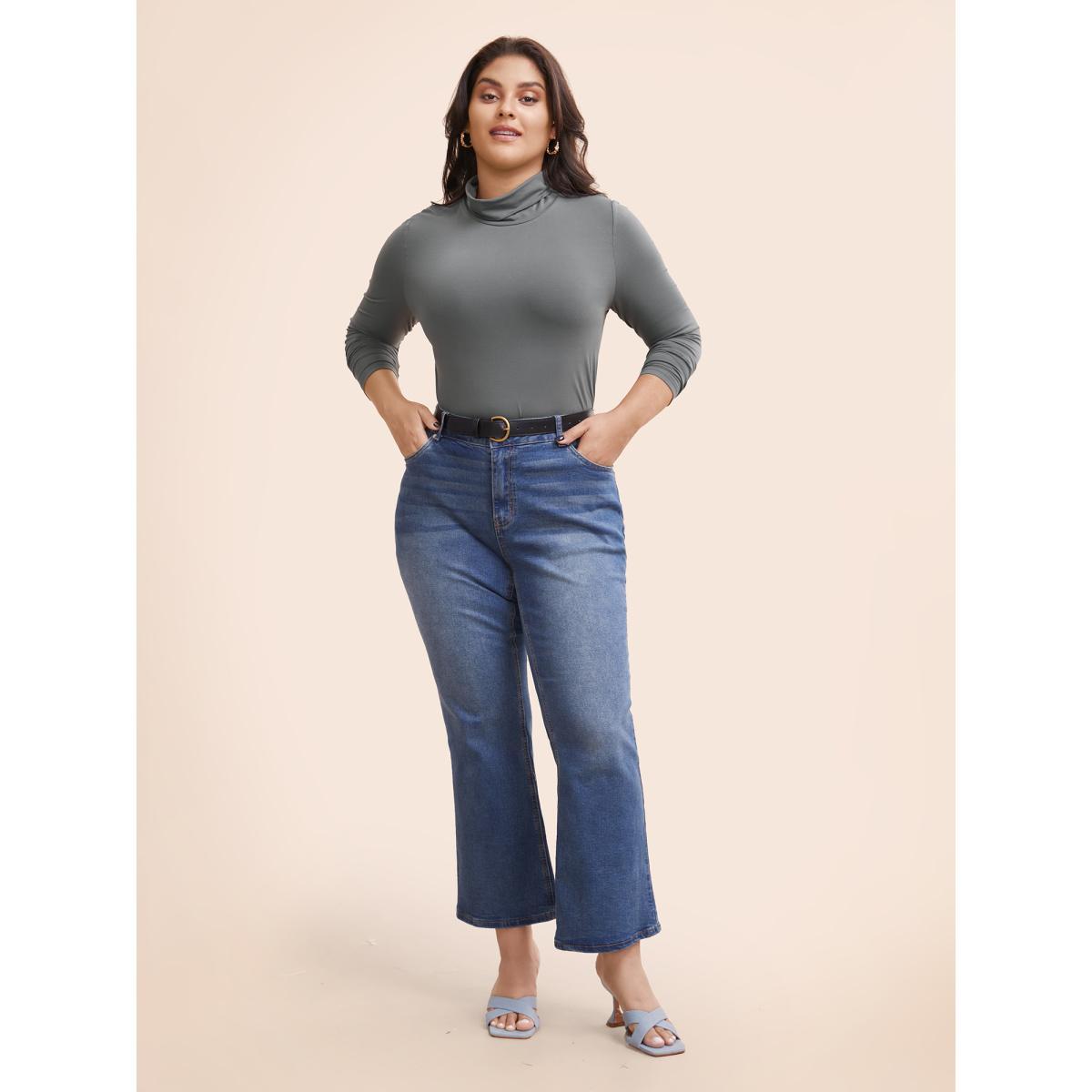 Plus Size Mock Neck High Stretch Basic T-shirt DimGray Women Elegant Non Ruffled collar Skinny Everyday T-shirts BloomChic 26/4X Product Image