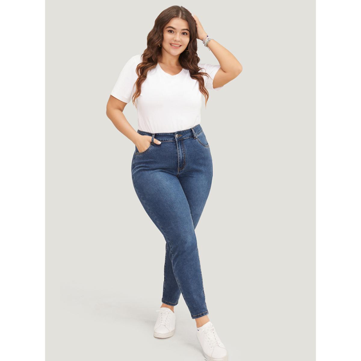 Plus Size Skinny Very Stretchy High Rise Medium Wash Ankle Jeans Women Blue Casual Plain High stretch Pocket Jeans BloomChic 10/M Product Image
