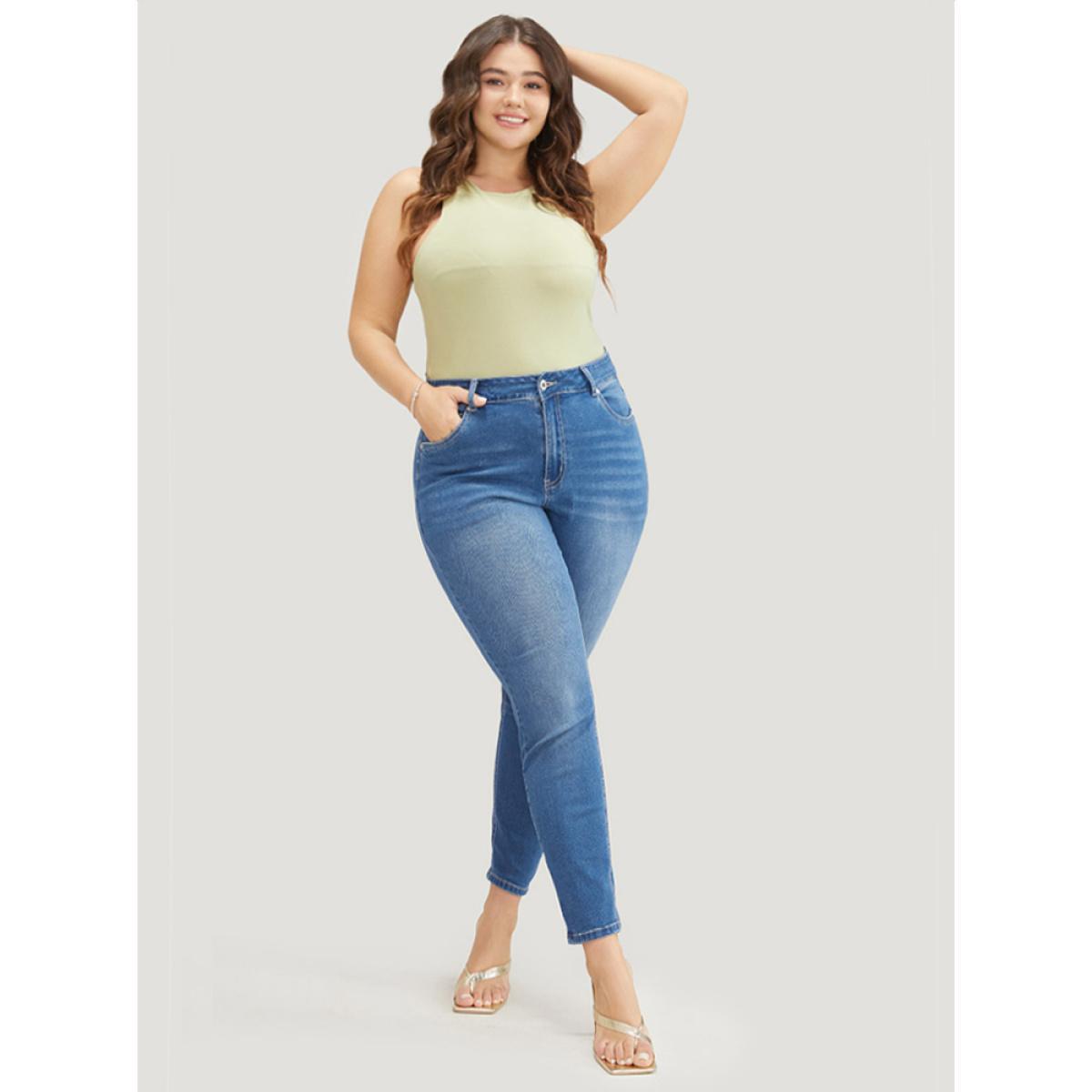 Plus Size Very Stretchy High Rise Medium Wash Floral Embroidered Jeans Women Indigo Casual Plain High stretch Pocket Jeans BloomChic 20/2X Product Image
