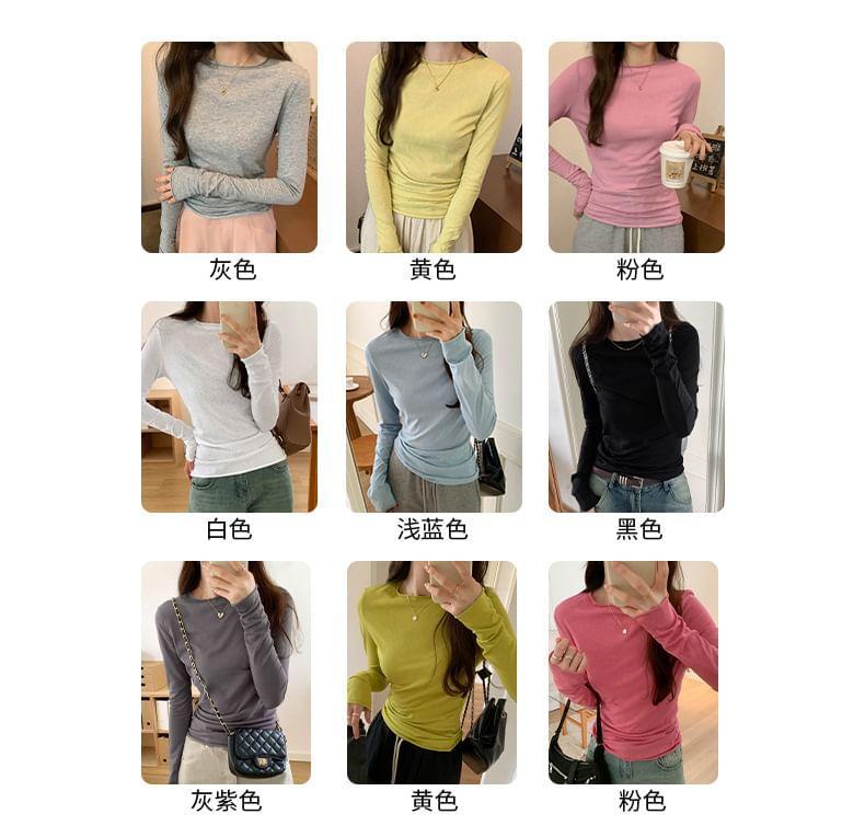 Long-Sleeve Round Neck Plain T-Shirt Product Image