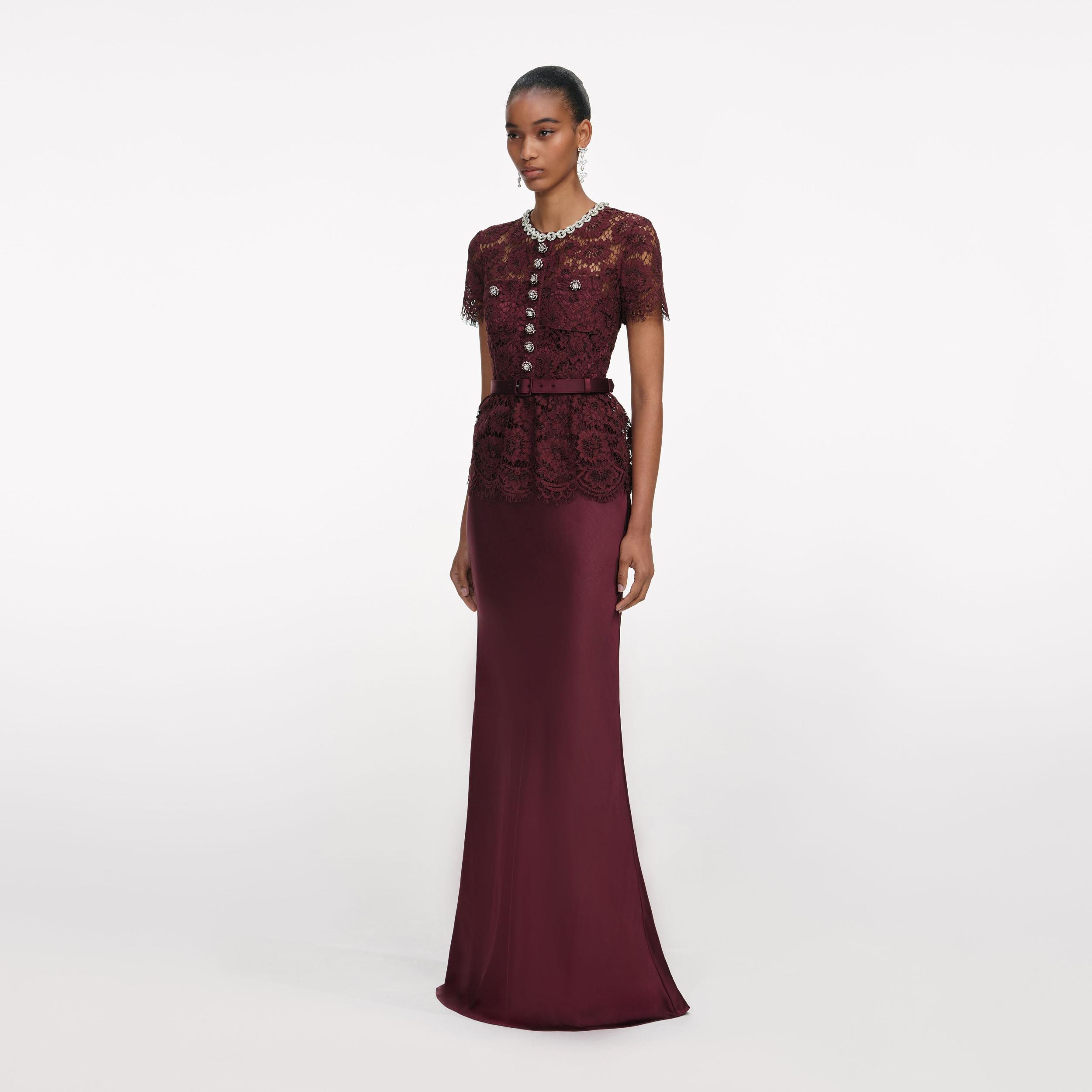 Burgundy Lace Satin Maxi Dress Product Image