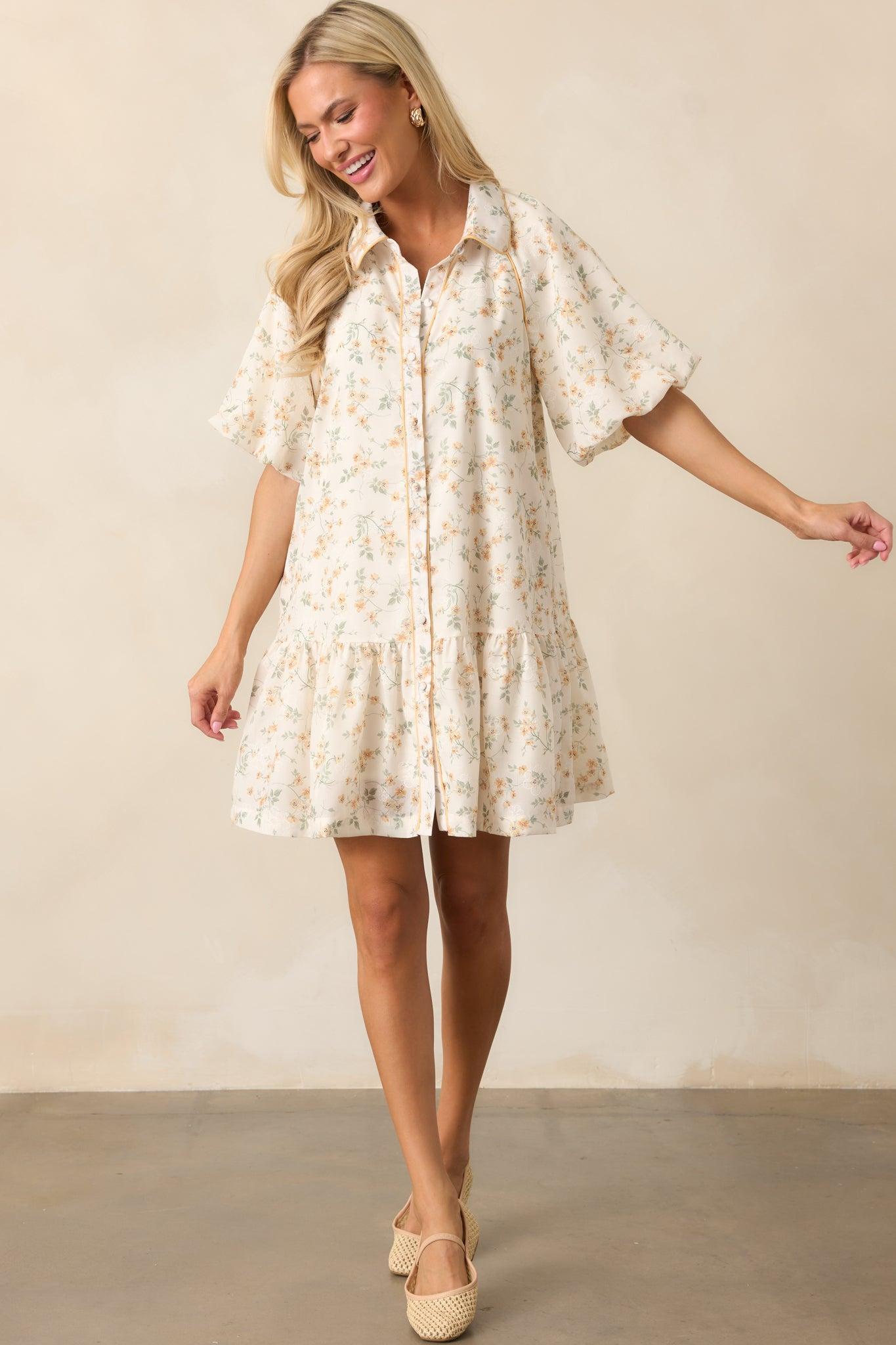 Music Festival Yellow Floral Button Front Mini Dress Product Image