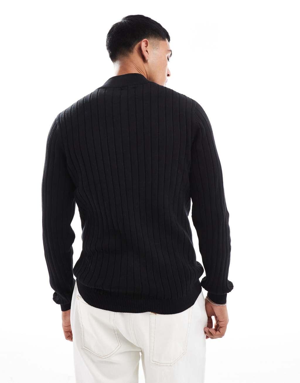 ASOS DESIGN essential muscle fit knitted rib quarter zip sweater in black Product Image