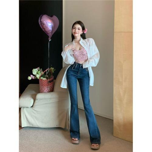 Collared Plain Oversized Shirt / High Waist Washed Flared Jeans Product Image
