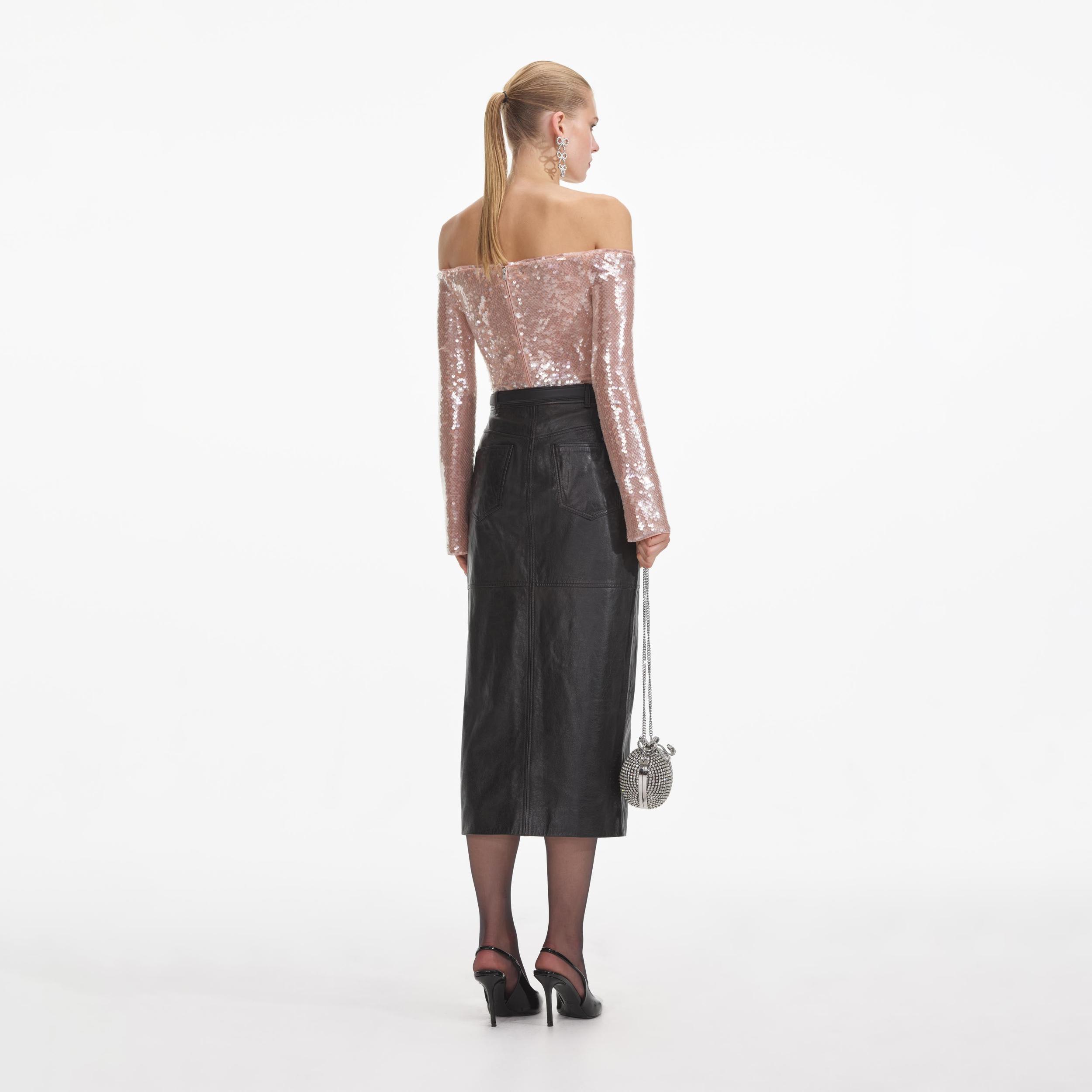 Black Leather Midi Skirt Product Image