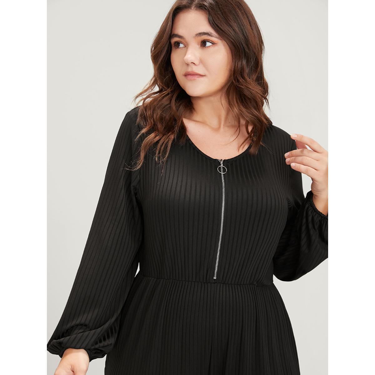 Plus Size Black Plain Zipper Half Lantern Sleeve Pocket Rib Knit Jumpsuit Women Office Long Sleeve Round Neck Work Loose Jumpsuits BloomChic 28/5X Product Image