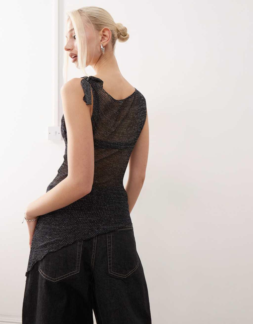COLLUSION shimmer knit asymmetric top in charcoal Product Image