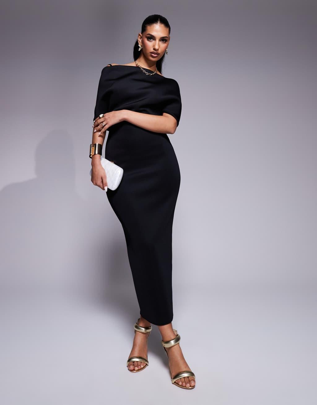 ASOS DESIGN scuba deep bardot midi dress with cape back detail in black Product Image