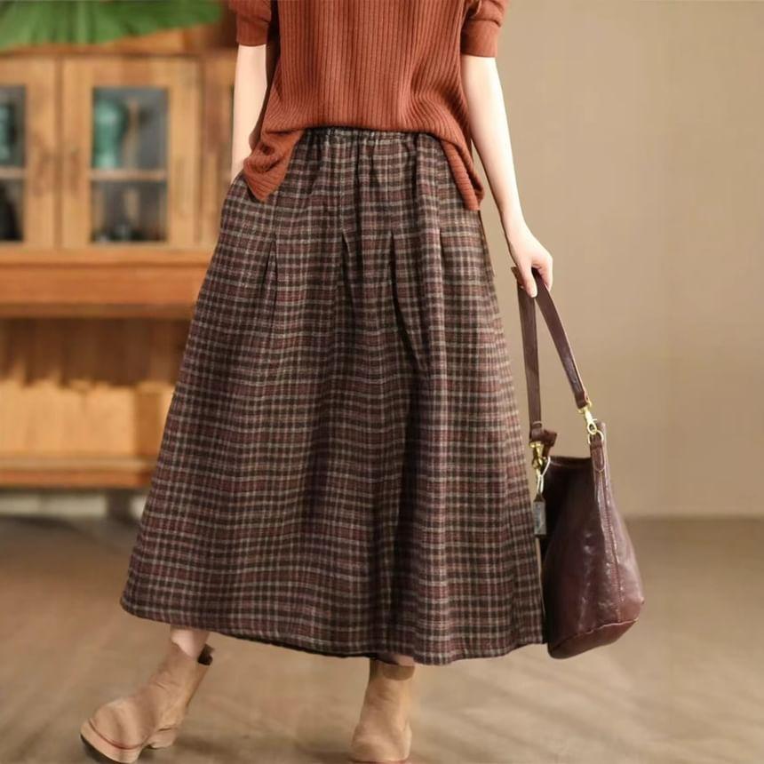 High Waist Plaid Maxi A-Line Skirt Product Image