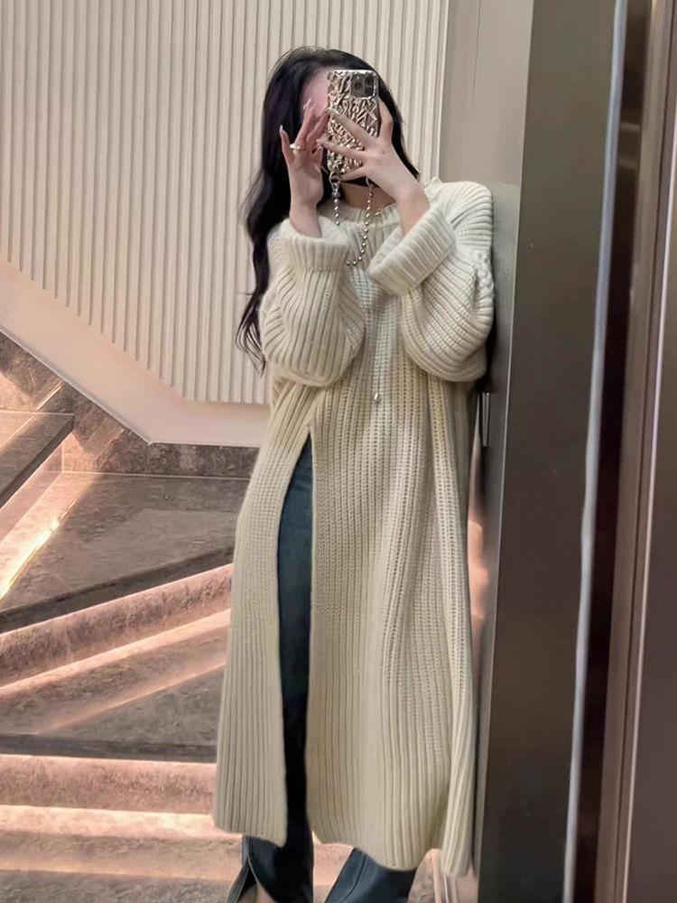 Round Neck Plain Slit Ribbed Midi Sweater Dress Product Image