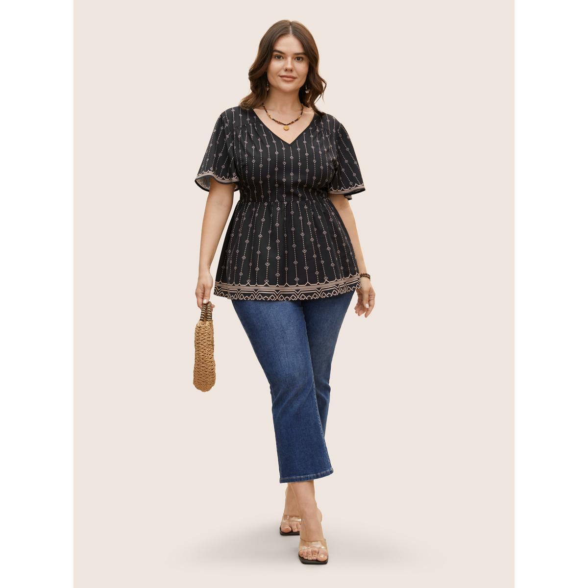 Plus Size Black V Neck Boho Print Flutter Sleeve Blouse Women Resort Short sleeve V-neck Vacation Blouses BloomChic 12/L Product Image