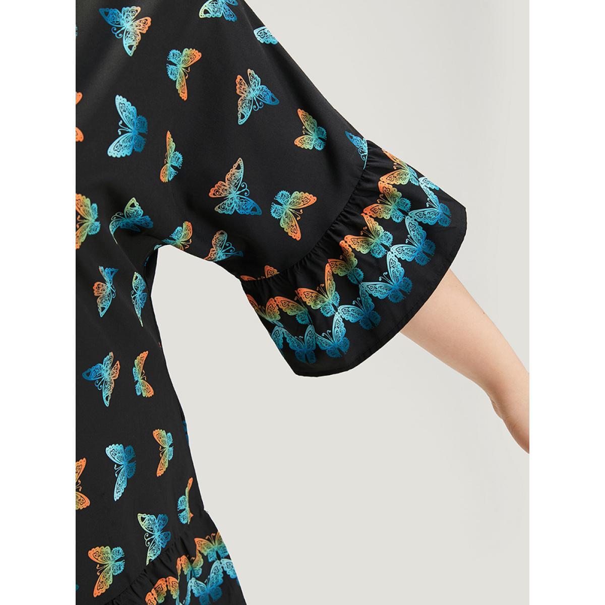Plus Size BlackFlower Butterfly Notched Bell Sleeve Gathered Blouse Women Vacation Elbow-length sleeve Notched collar Dailywear Blouses BloomChic 12/L Product Image