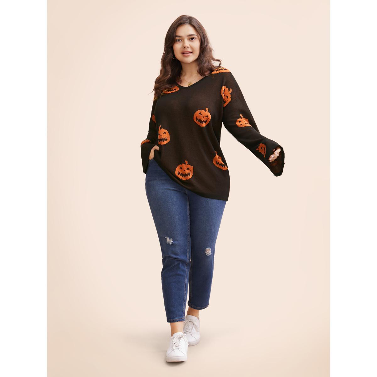 Plus Size Halloween V Neck Bell Sleeve Pullover Black Women Casual Loose Long Sleeve V-neck Dailywear Pullovers BloomChic 22-24/3X Product Image