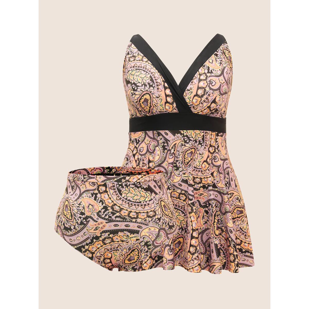 Plus Size Paisley Print Wrap Contrast Trim Swim Dress Women's Swimwear Black Beach Bodycon V-neck High stretch Curve Swim Dresses BloomChic 10/M Product Image