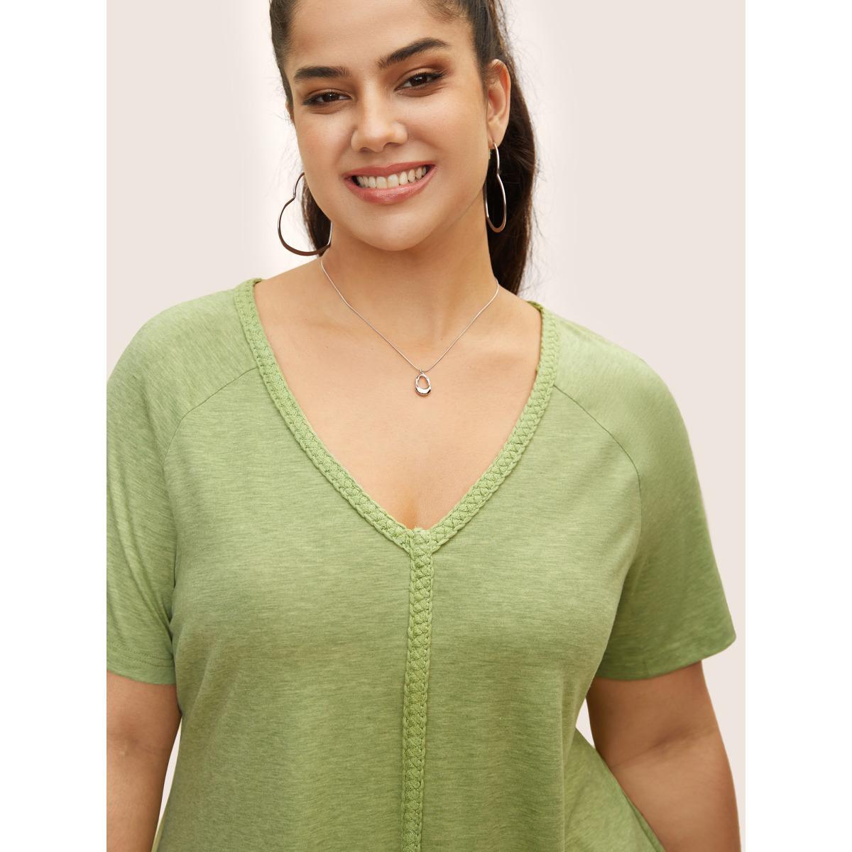 Plus Size Plait Detail Raglan Sleeve Cut Out T-shirt Applegreen Women Casual Patchwork V-neck Everyday T-shirts BloomChic 12/L Product Image
