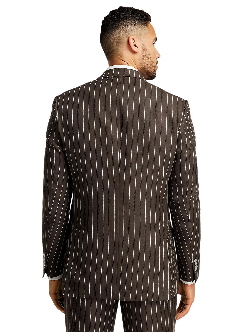 Linen Pinstripe Double Breasted Peak Lapel Suit Jacket - Dark Brown Product Image