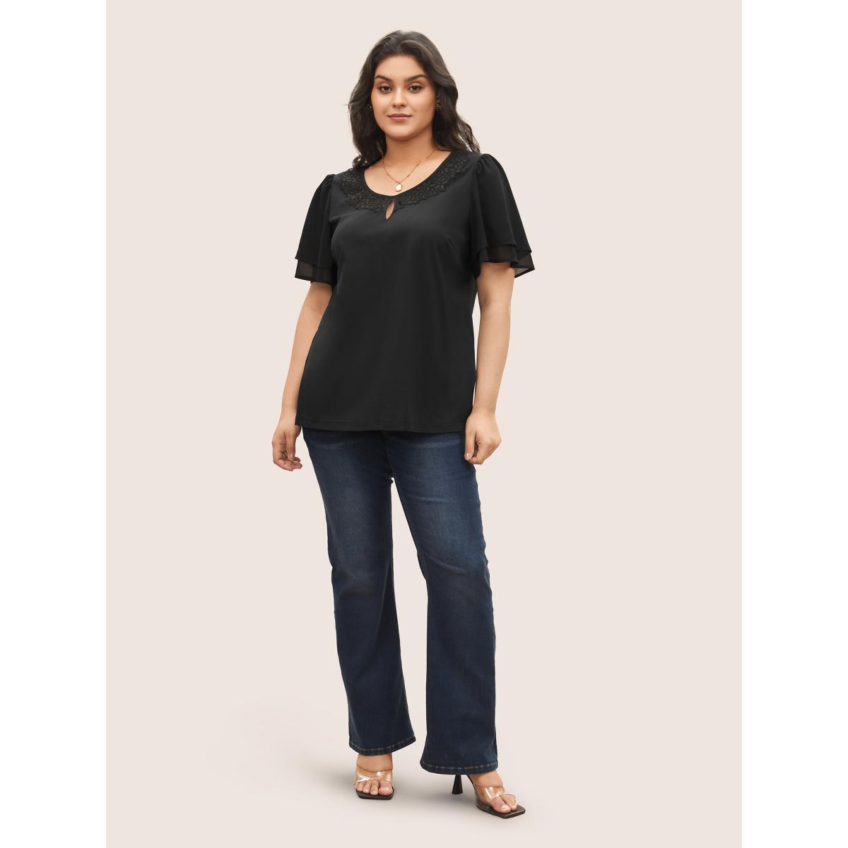 Plus Size Black Stretchy Woven Cut Out Lace Patchwork Blouse Women Elegant Short sleeve Round Neck Everyday Blouses BloomChic 30/6X Product Image