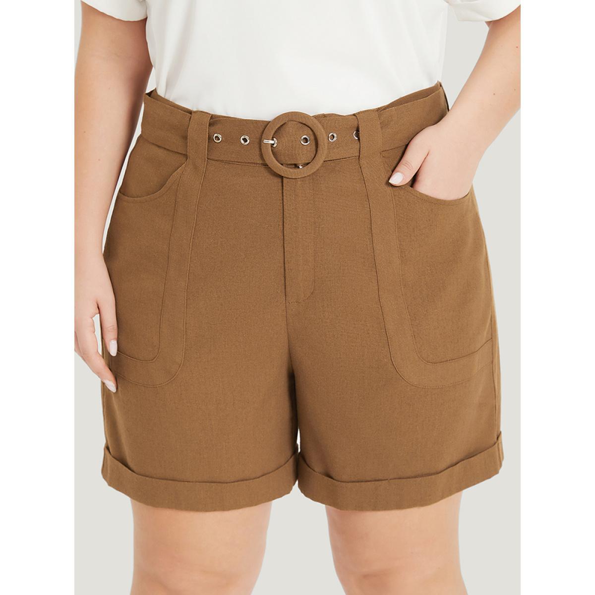 Plus Size Solid Pocket Belted Roll Hem High Rise Shorts Women DarkBrown Office Belted Work Shorts BloomChic 22-24/3X Product Image