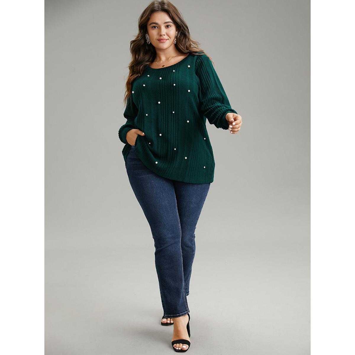 Plus Size Plain Rib Knit Pearl Beaded Sweatshirt Women DarkGreen Elegant Texture Round Neck Dailywear Sweatshirts BloomChic 28/5X Product Image