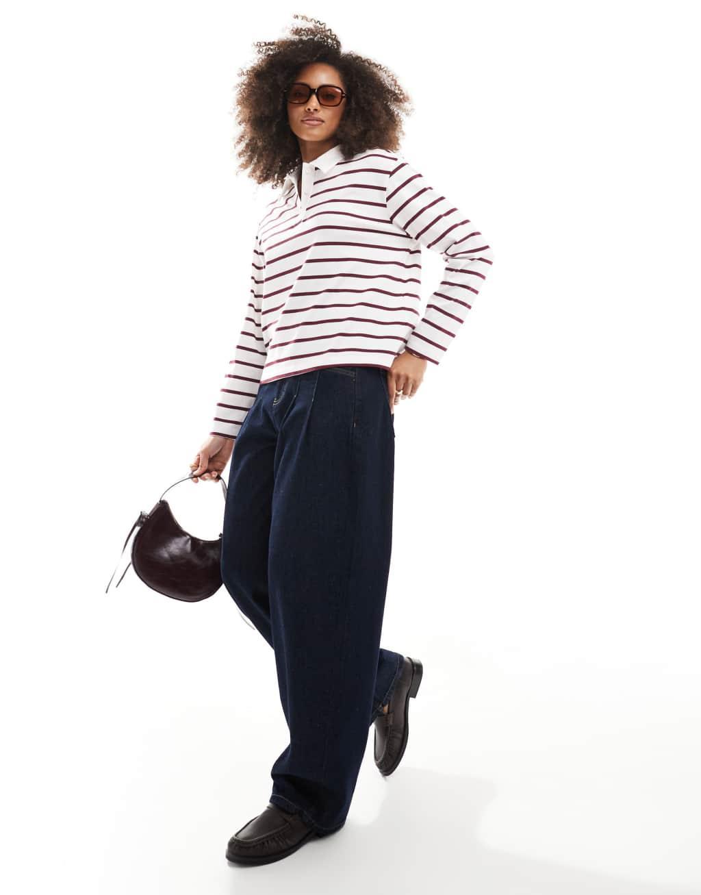 ONLY striped long sleeve polo in white & burgundy Product Image