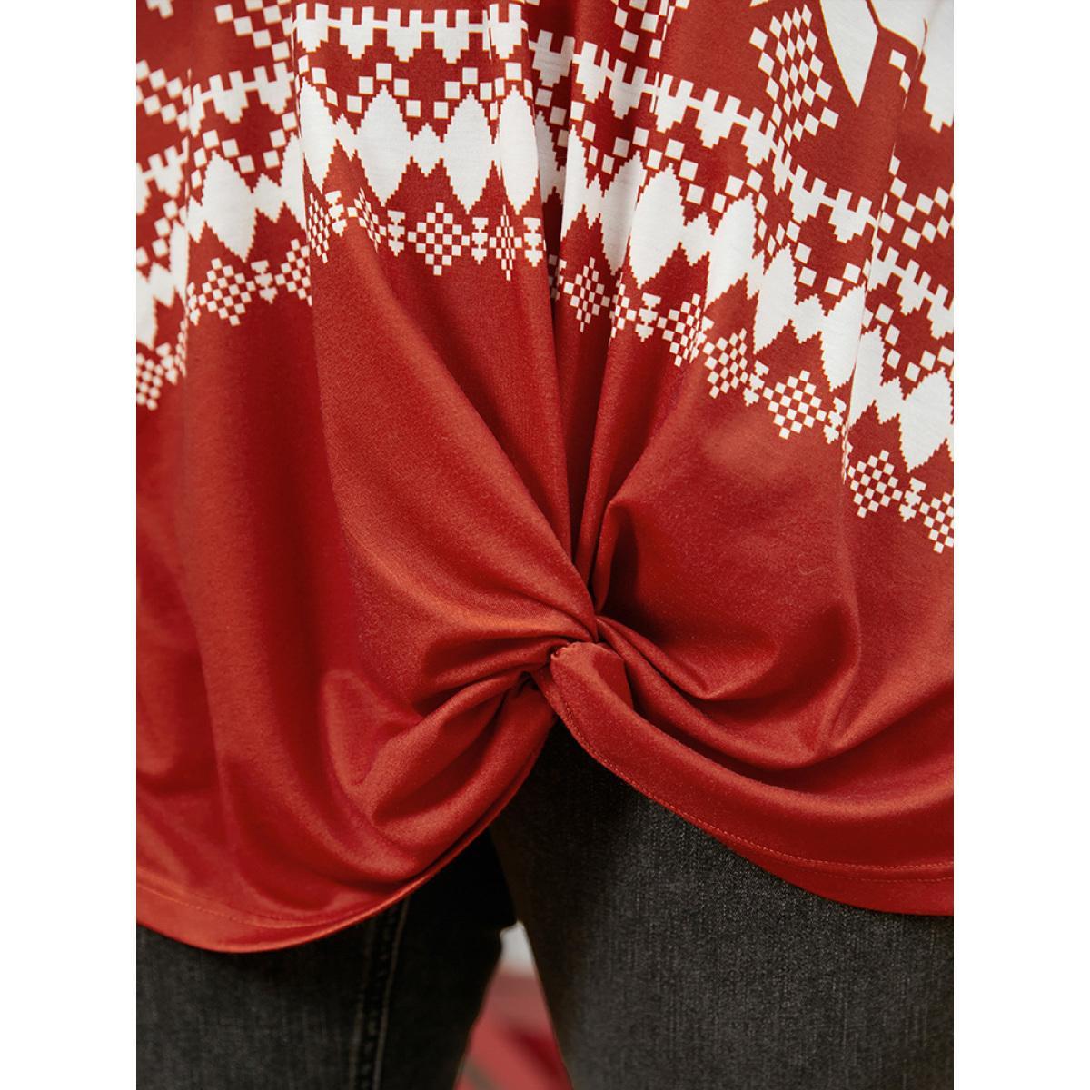 Plus Size Snowflake Print Twist Front Sweatshirt Women Raspberry Elegant Printed V-neck Dailywear Sweatshirts BloomChic 12/L Product Image