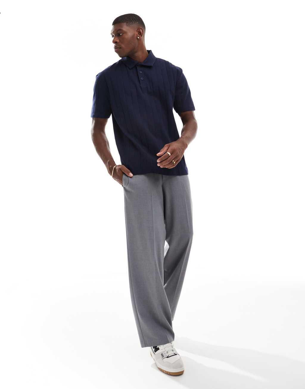 ASOS DESIGN relaxed polo with wide set rib in navy Product Image