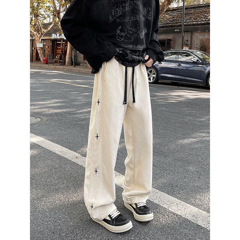 Drawstring Waist Cross Embroidered Panel Straight Leg Pants Product Image