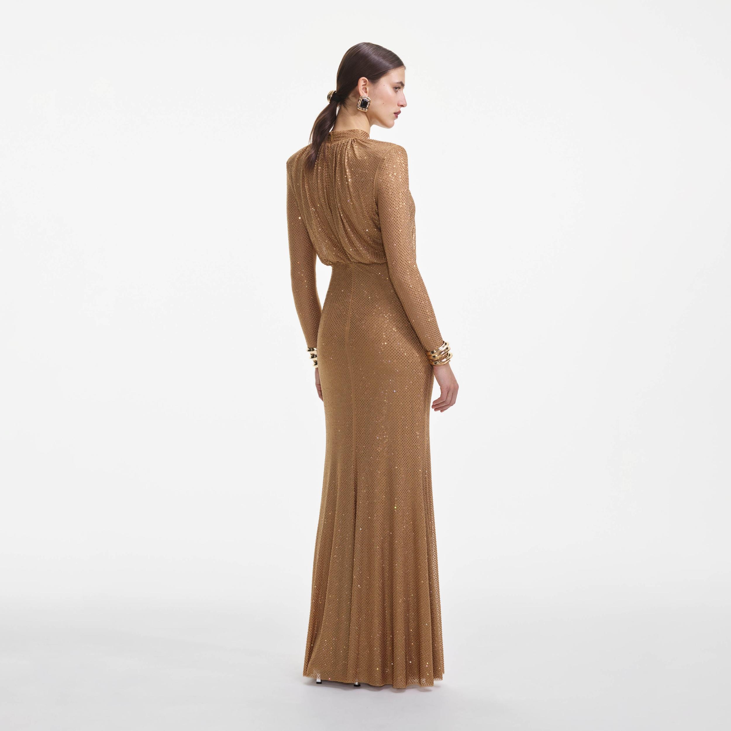 Brown Rhinestone Gathered Maxi Dress Product Image