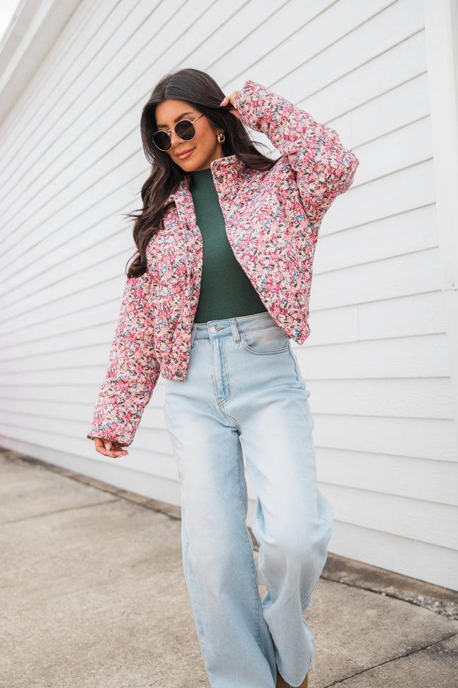 Tracking Promises Cream Multi Floral Corduroy Puffer Jacket FINAL SALE Product Image