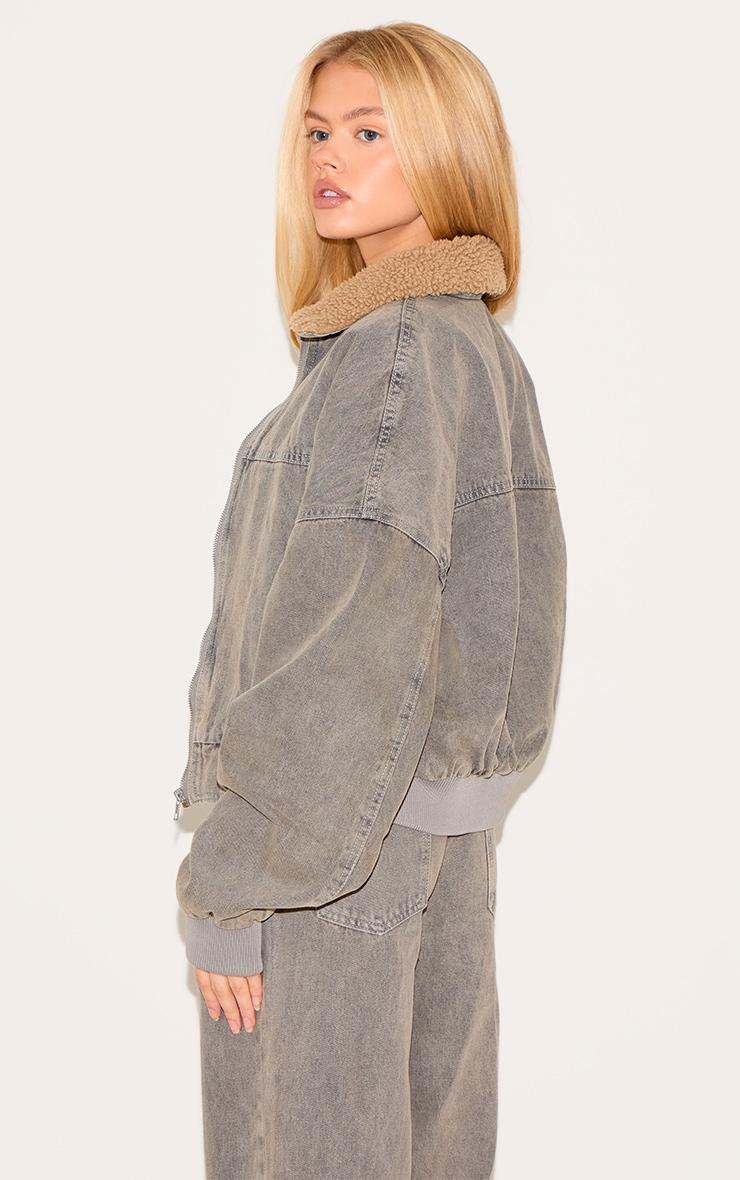 Light Grey Borg Collar Denim Bomber Jacket Product Image