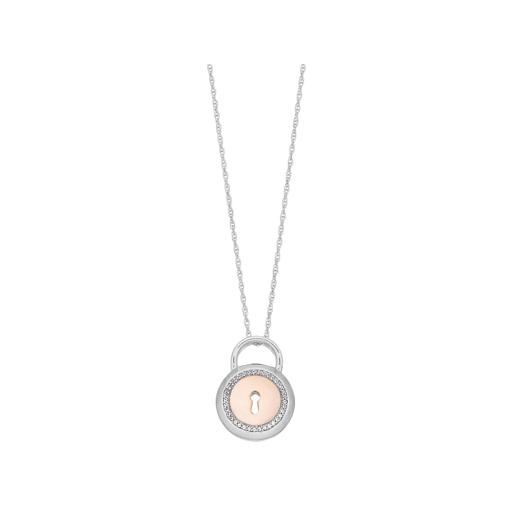 Two Tone Sterling Silver Lab-Created White Sapphire Lock Pendant Necklace, Women's, Size: 18", Gold Tone Product Image