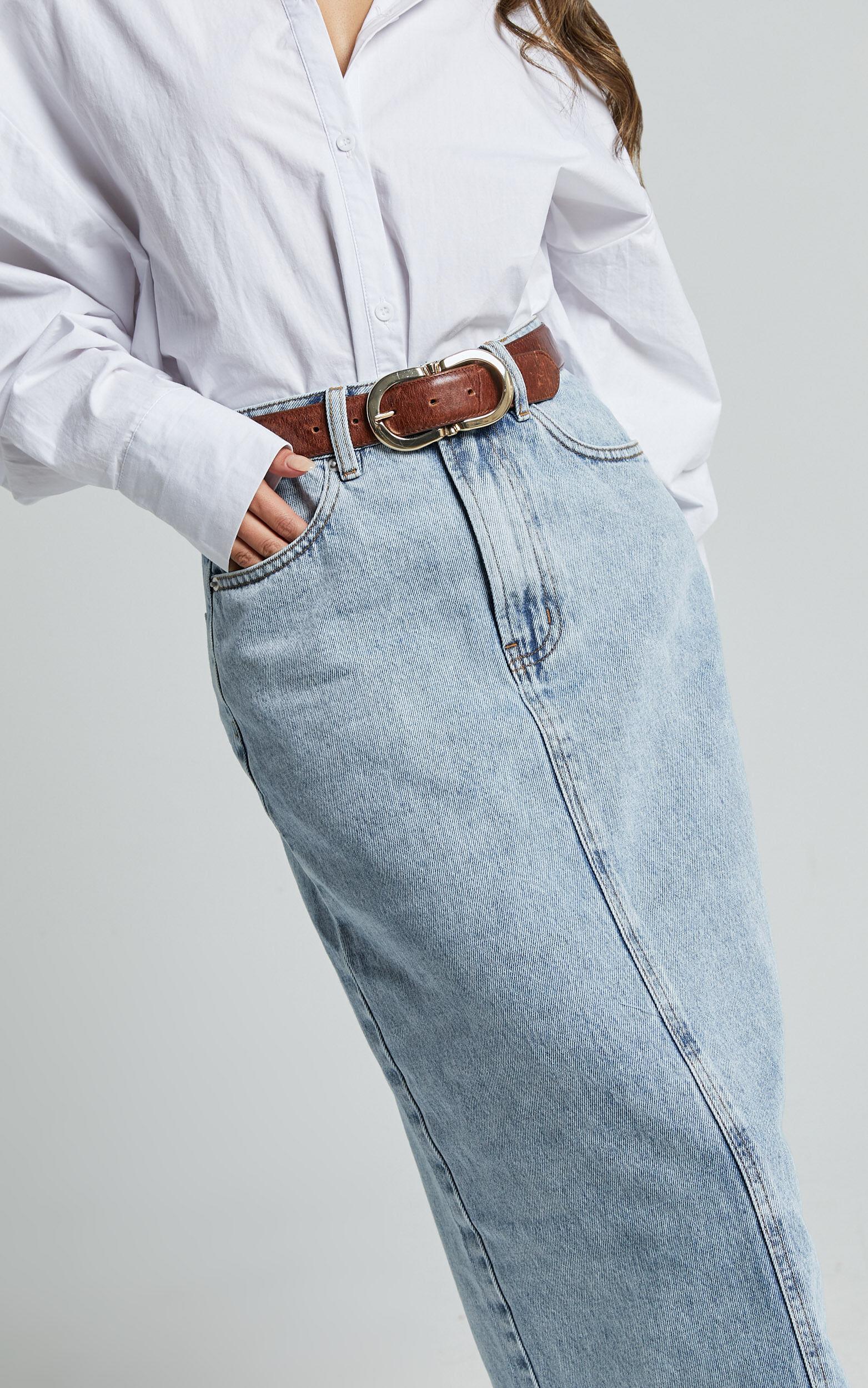 Bailee Midi Skirt - Denim Column Back Split Skirt in Light Blue Wash Product Image