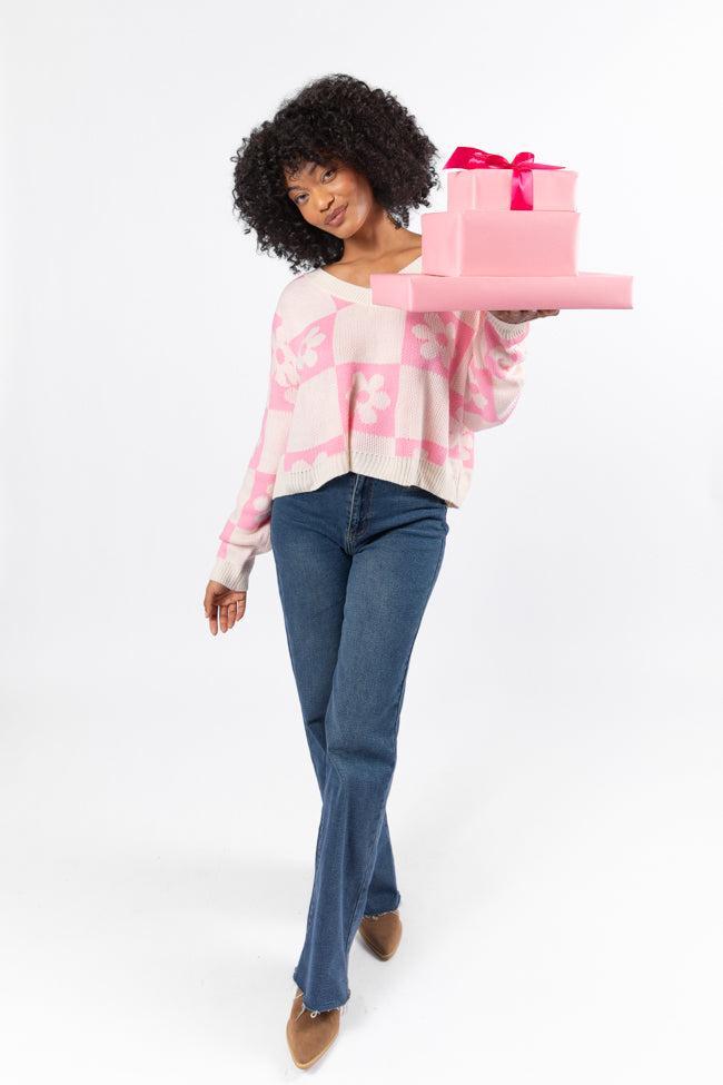 Found A New Way Pink V-Neck Checkered Flower Sweater FINAL SALE Product Image