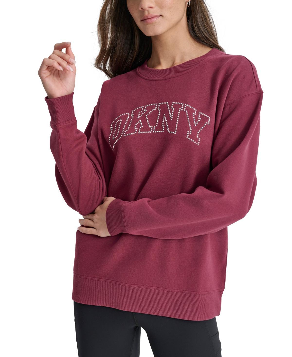 Dkny Womens Varsity Rhinestone-Logo Crewneck Fleece Sweatshirt Product Image