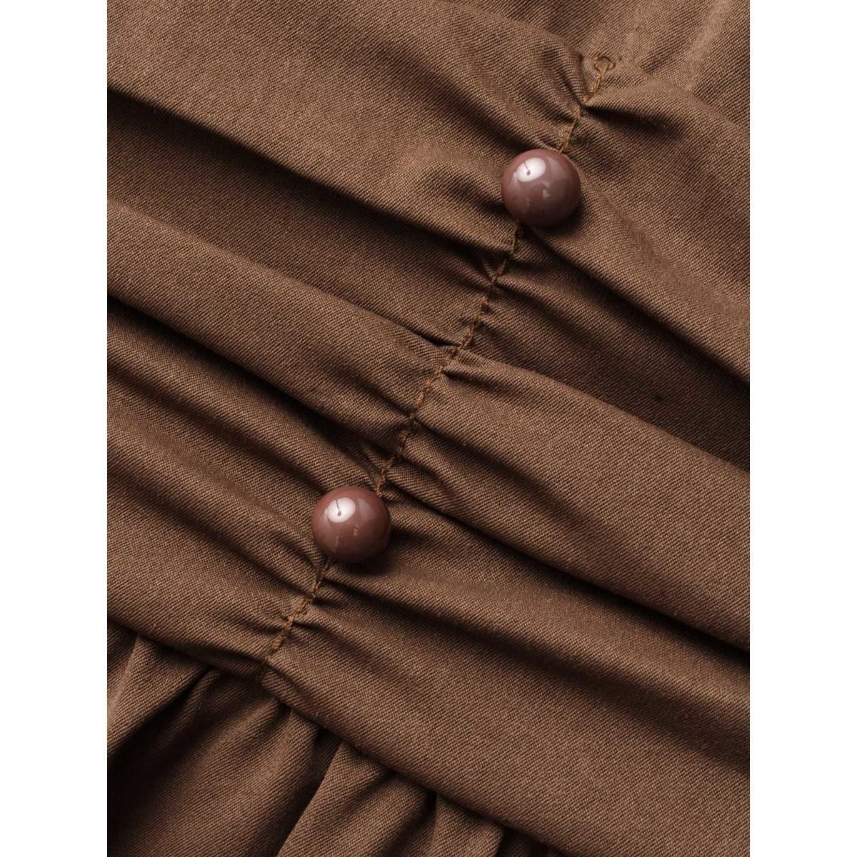 Plus Size V Neck Shirred Ruched Midi Dress DarkBrown Women Elegant Gathered V-neck Elbow-length sleeve Curvy BloomChic 14-16/1X Product Image