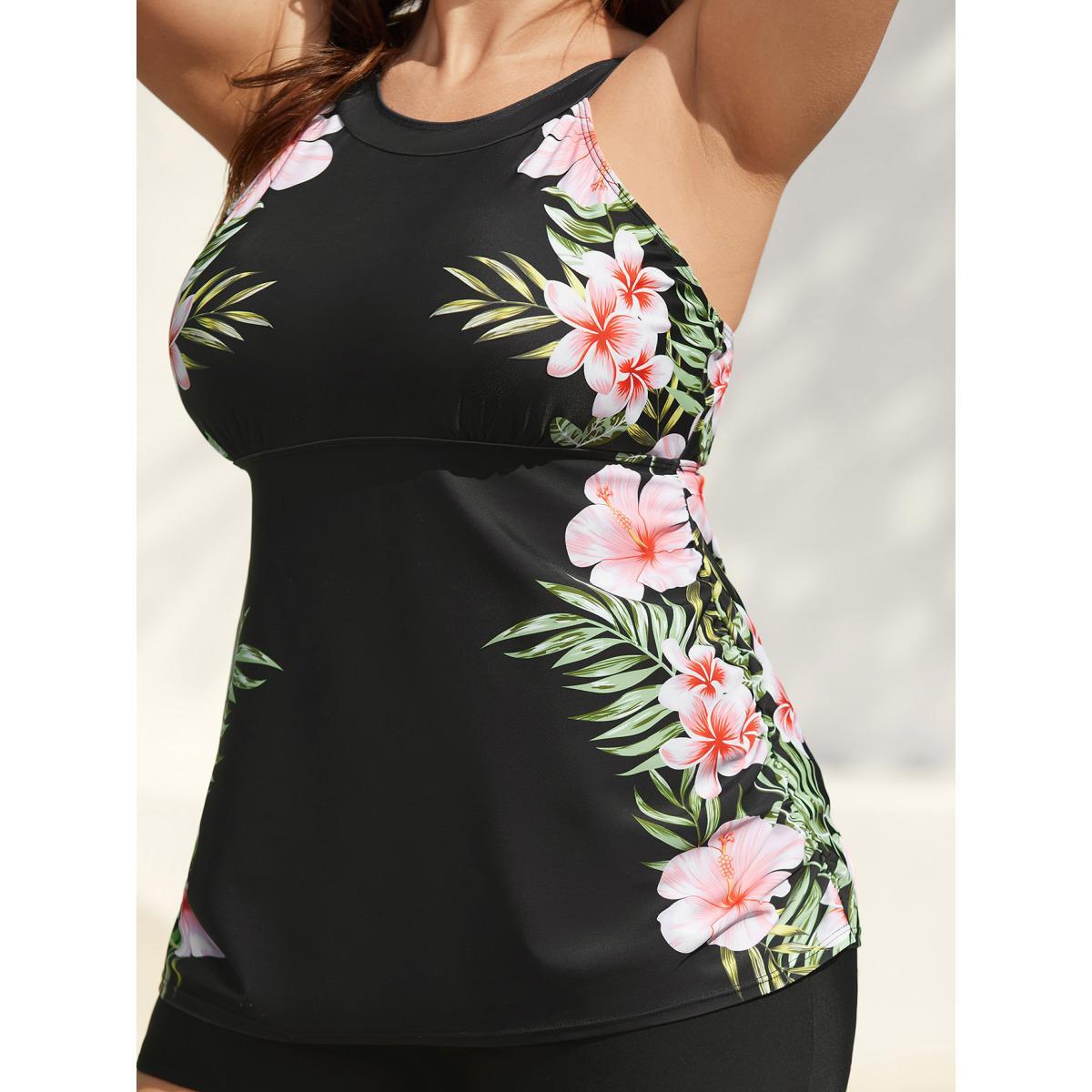 Plus Size Side Floral Pattern Round Neck Swim Top Women's Swimwear Black Beach Gathered High stretch Skinny Halter neck Curve Swim Tops BloomChic 26/4X Product Image