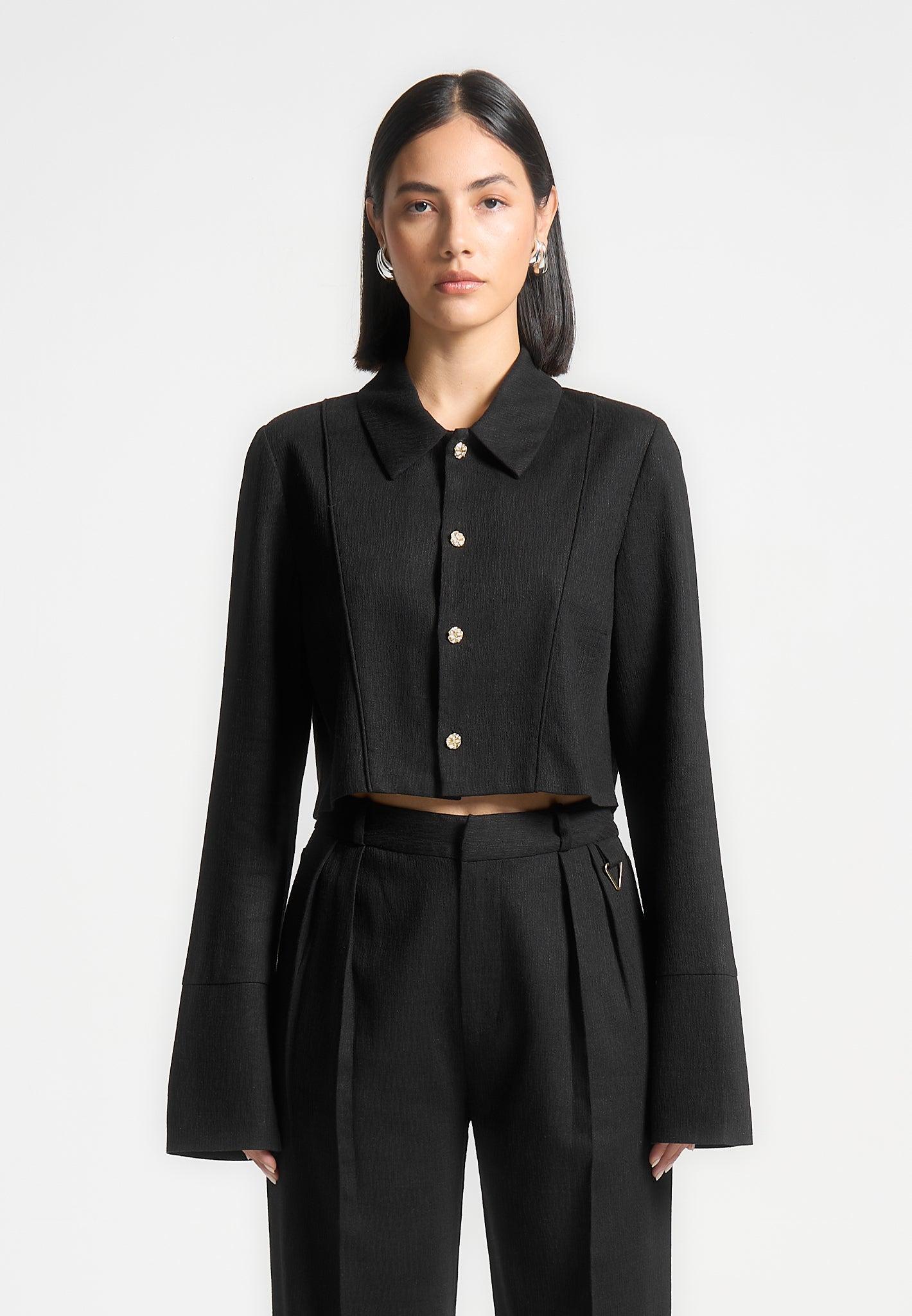 Linen Pintuck Cropped Shirt - Black Female Product Image