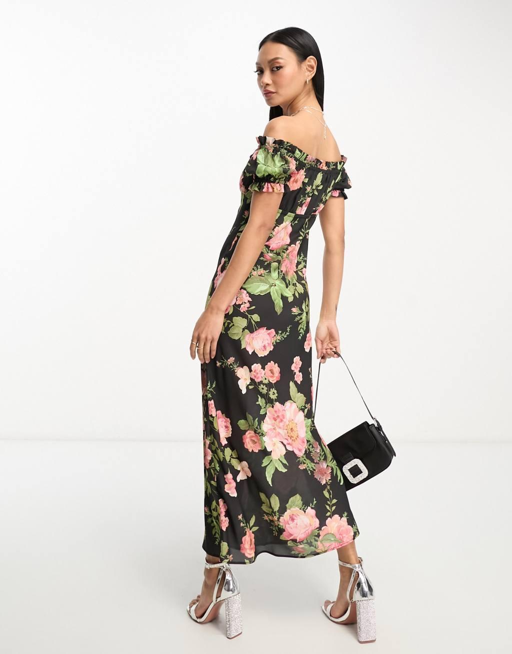ASOS DESIGN milkmaid bardot midi dress with tie front neck Product Image