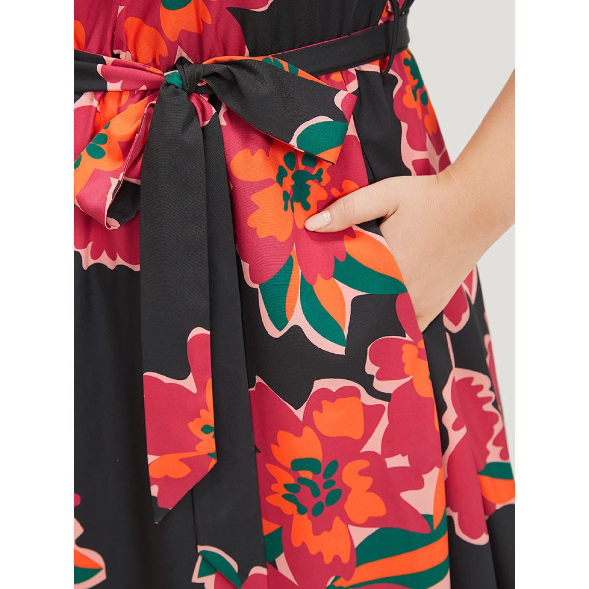 Plus Size Floral Pocket Belted Keyhole Neck Midi Dress Black Women Office Belted Round Neck Short sleeve Curvy Midi Dress BloomChic 12/L Product Image