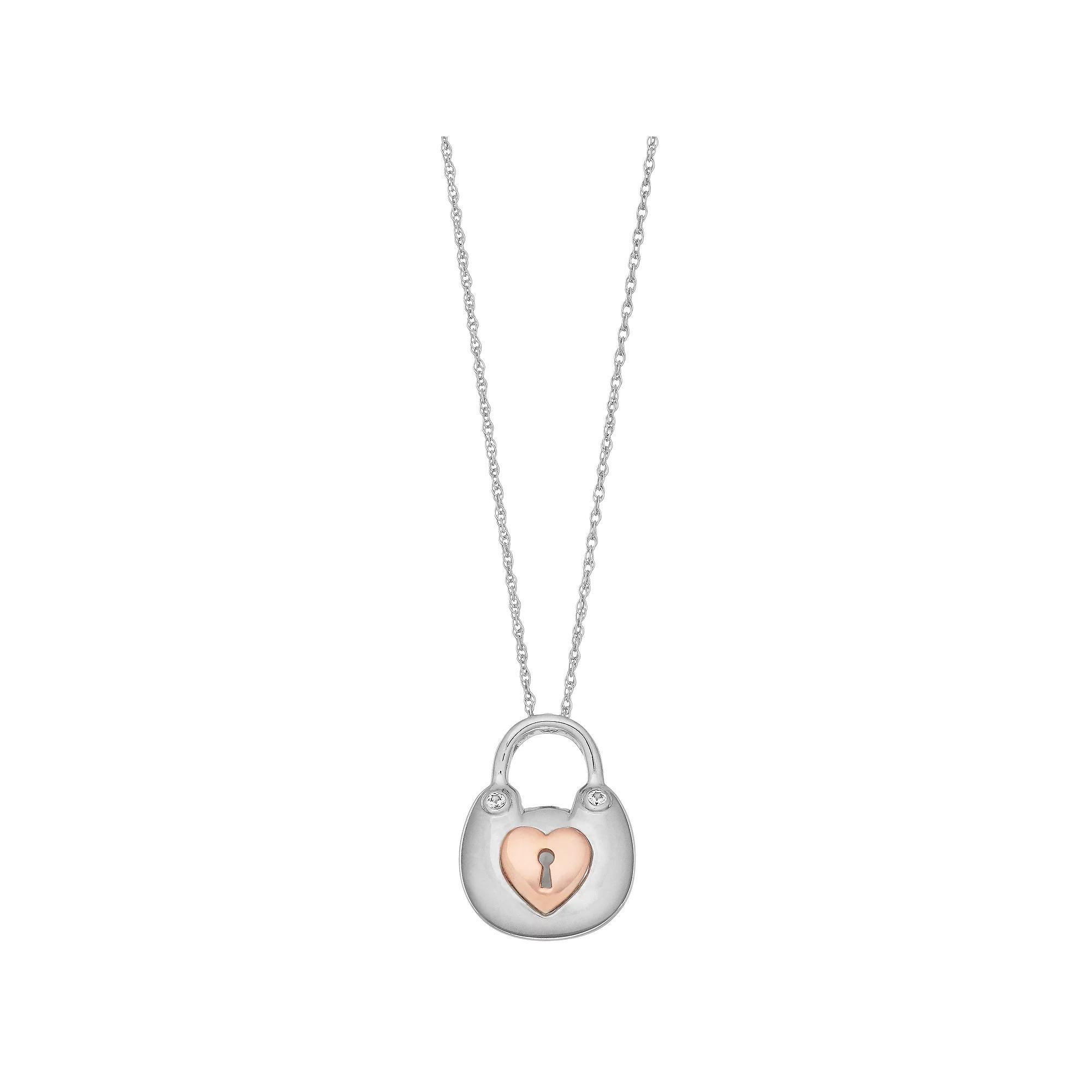 Two Tone Sterling Silver Lab-Created White Sapphire Lock Pendant, Women's, Size: 18" Product Image