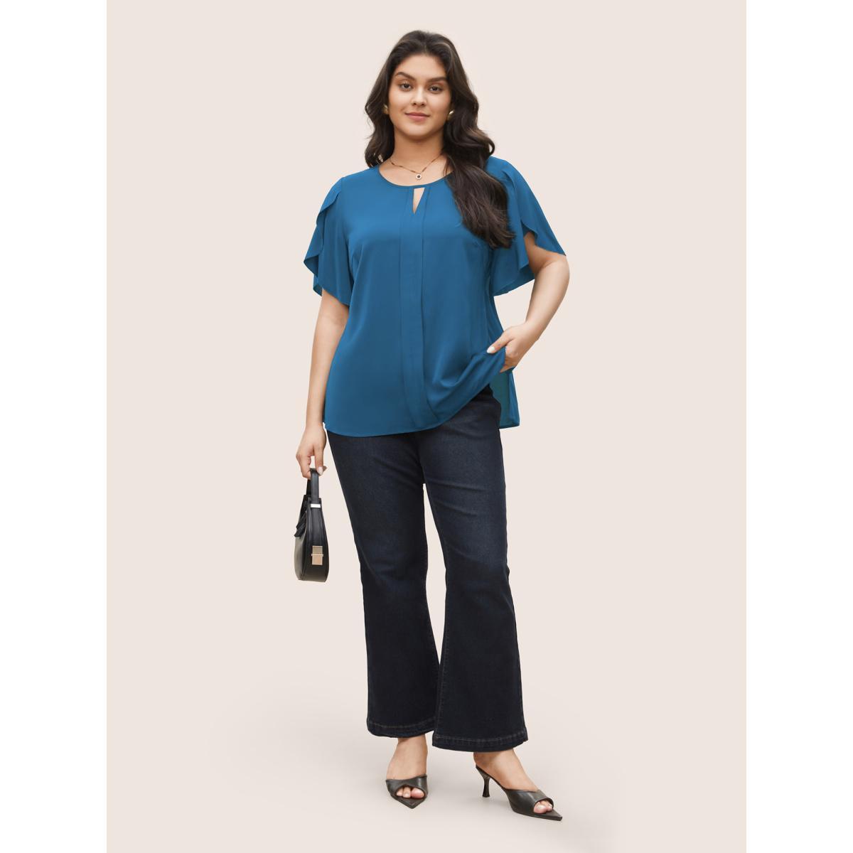 Plus Size Cerulean Solid Keyhole Petal Sleeve Pleated Blouse Women Work From Home Short sleeve Notched collar Work Blouses BloomChic 28/5X Product Image