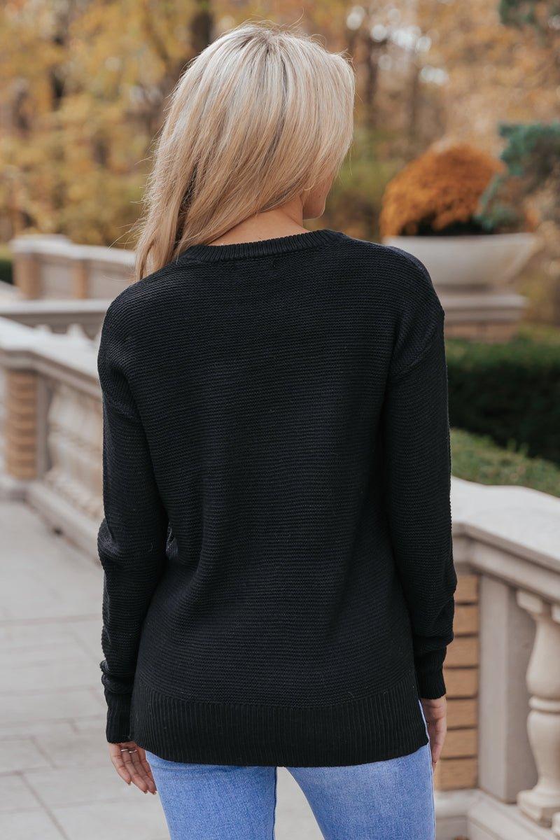 The Mini Waffle Texture Ribbed Knit Sweater - Black - FINAL SALE Product Image