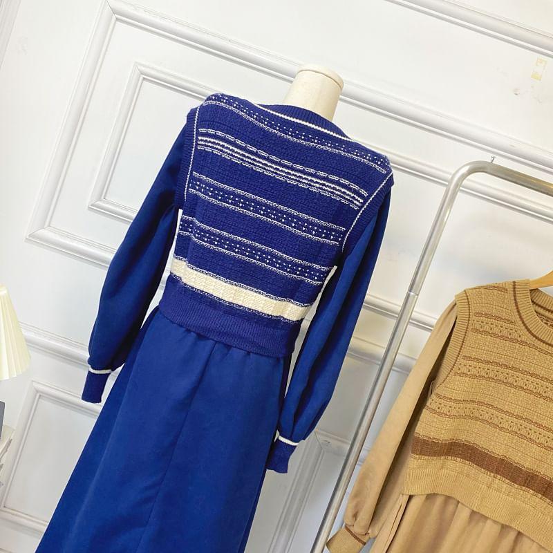 Long-Sleeve Crew Neck Mock Two-Piece Striped Knit Panel Corduroy Midi A-Line Dress Product Image