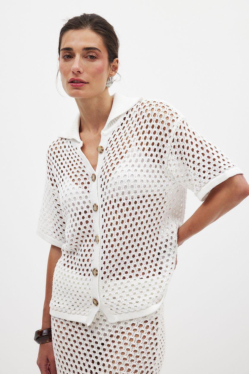 Hole Knitted Buttoned Short Sleeve Sweater Product Image