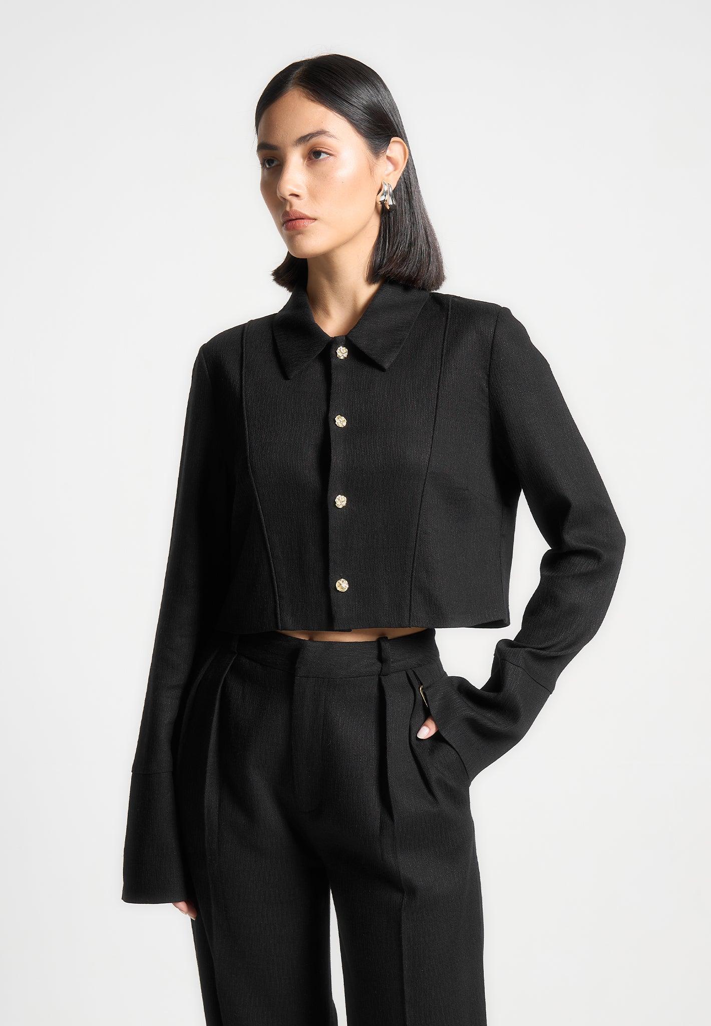 Linen Pintuck Cropped Shirt - Black Female Product Image