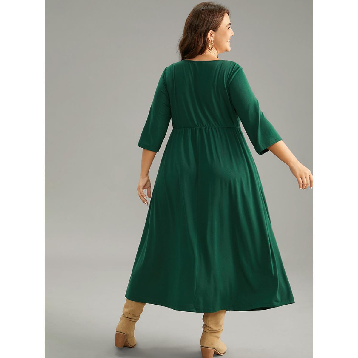Plus Size Supersoft Essentials Solid Cowl Neck Pocket Dress DarkGreen Women Casual Plain Cowl Neck Elbow-length sleeve Curvy Midi Dress BloomChic 26/4X Product Image