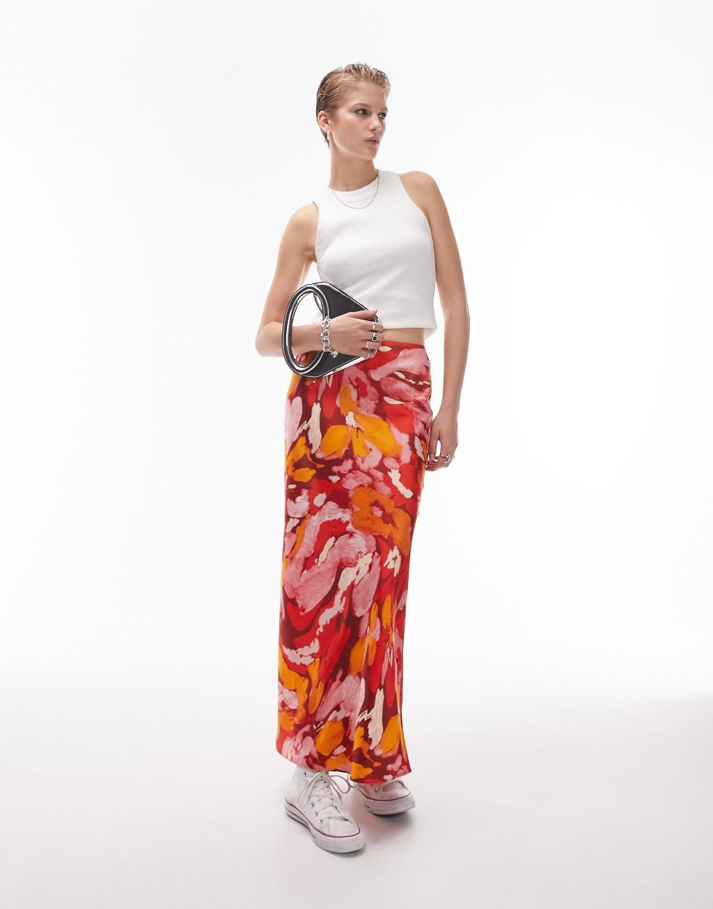 Topshop orange floral print bias maxi skirt Product Image