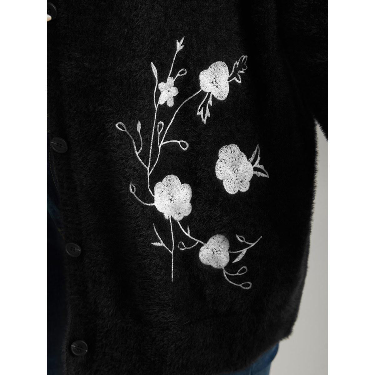 Plus Size Floral Embroidered Fuzzy Open Front Cardigan Black Women Casual Loose Long Sleeve Everyday Cardigans BloomChic 18-20/2X Product Image